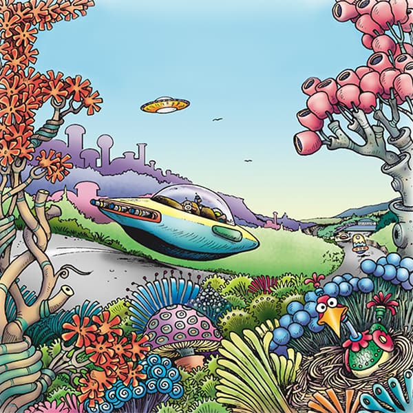 A flying car drives above a road in the Botz city