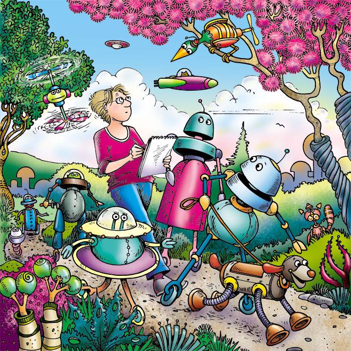 A self portrait of Lynn walking with the Alottabotz® on their world!